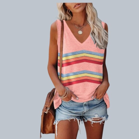 Saukole Women's V-neck Sleeveless Pink Top Tee Rainbow Stripes Pink Size XXL NWT - Picture 2 of 15